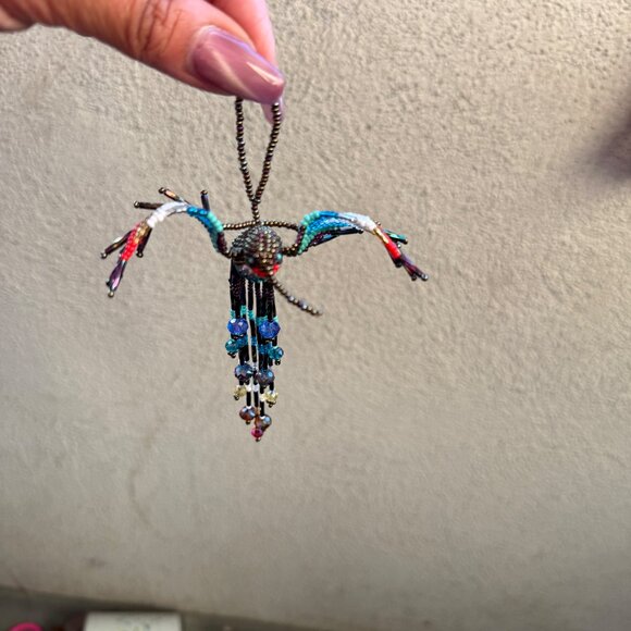 Beaded Hummingbird Hanging Decoration With Multi-Color Beads & Tassels - Picture 2 of 5
